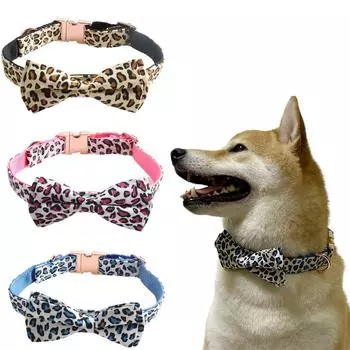 Ошейник для собак Pet Leopard Print Rose Gold с металлической пряжкой и бантом 1.5*24.5-35CM