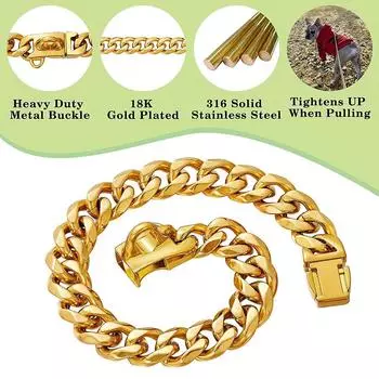 Ошейник для собак с цепочкой для домашних животных, 15 мм, золотое ожерелье из нержавеющей стали, ошейник для французского бульдога, питбуля, ожерелье с кубинской цепочкой для больших собак, поставщики домашних животных 10inch (25.4cm)