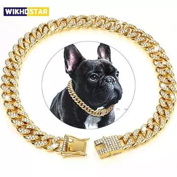 Ошейник для собак с цепочкой из бриллиантов, ошейник для прогулок из металлической цепочки с дизайнерской надежной пряжкой, ошейник для кошек с кубинским узором, ювелирные изделия, аксессуары 20cm-8inch золотой