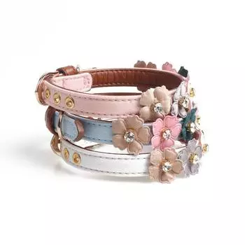 Ошейник для собак с цветочным принтом и стразами, цветочная цепочка из искусственной кожи, маленький и средний, для чихуахуа, мопса, товары для животных, ошейник для кошек и собак 1.3X34CM белый