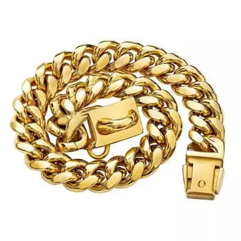 Ошейник для собак с золотой цепью 15 мм из нержавеющей стали с кубинскими звеньями, прочное, прочное, устойчивое к жеванию ожерелье для собак с пряжкой для собак 10inch (25.4cm)