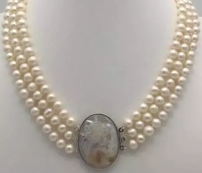 Ошейник из перламутра водной пыли, 3 нити, 7-8 мм, камея с брошью