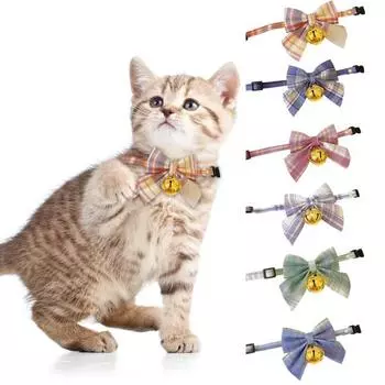 Ошейник с бантом для собаки, регулируемая пряжка, дизайн в клетку с принтом, ожерелье для собак и кошек с колокольчиком S оранжевый