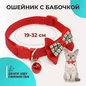Ошейник с колокольчиком и клетчатым бантом для кошек и мелких пород