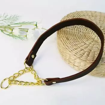 Ошейник-удавка для собак из натуральной кожи Ошейник-удавка для собак Ошейник-цепочка для собак Цепь из нержавеющей стали Ошейник для дрессировки собак из кожи без тяги S (neck 23-33cm)