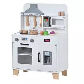 OSJ Play House Kitchen Деревянный кухонный светильник со звуком Ледогенератор Кухонные принадлежности Обучающая игрушечная плита Микроволновая печь Игрушка для работы по дому Дети Ребенок День рождения белый