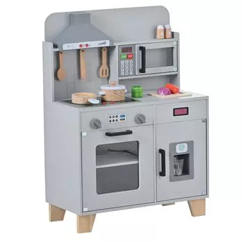 OSJ Play House Kitchen Wooden Kitchen Lighted Sound Ice Maker with Cooking Utensils Educational Toy Stove Microwave Housework Toy Kids Baby Birthday