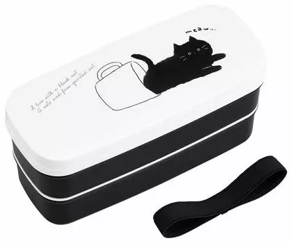OSK Bento Box 2 Tier Lunch Box Black Cat lunch Made in Japan Dishwasher safe 340ml+300ml [With chopsticks/With partitions/With belt/Compact