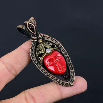 Ослепительно красный резной кулон из кости и лунного камня, драгоценный камень, медная проволока, ювелирный кулон ручной работы 2.76 Inches красный