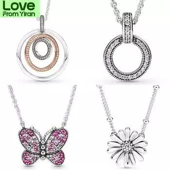 Ослепительно розовая бабочка двойные двухцветные круги ромашка кулон 925 стерлингового серебра ожерелье для Европы бисер шарм Diy ювелирные изделия