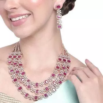 Ослепительное трехслойное ожерелье Dulhan Estele с покрытием из розового золота и рубиновыми камнями для женщин