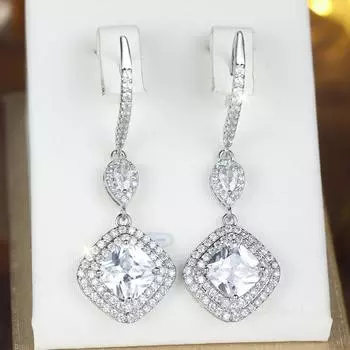 Ослепительные длинные серьги-подвески «Принцесса» с белым цирконом для женщин, серебристого цвета, свадебные серьги для невест, ювелирные изделия в подарок серебряный/белый