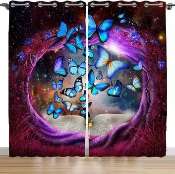 Ослепительные красочные занавески для окон с бабочками, 2 панельные шторы для стеклянной двери, спальни, гостиной 100W160H(CM)40x63in&Hook