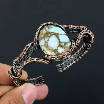 Ослепительный медный ларимар, драгоценный камень, медная проволока ручной работы, ювелирные изделия, регулируемые манжеты для любви Adjustable синий