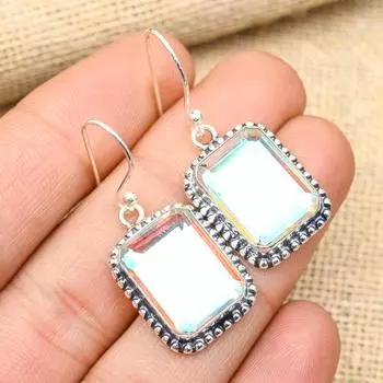 Ослепительный радужный мистический топаз, драгоценный камень ручной работы, ювелирные серьги из стерлингового серебра 925 пробы для нее E 1.60 Inches белый