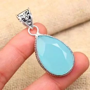 Ослепительный синий драгоценный камень халцедон ручной работы из стерлингового серебра 925 пробы для нее 2 Inches синий