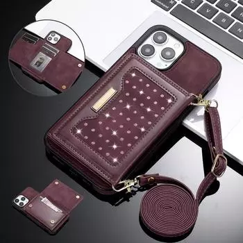 Ослепительный сверкающий чехол для телефона с отделениями для карт для iPhone Samsung, стильный и функциональный чехол-кошелек с тремя отделениями и съемным ремешком через плечо iPhone 6/6S синий