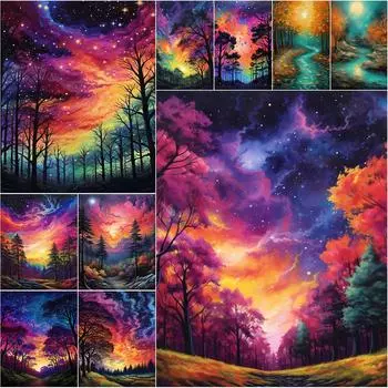 Ослепительный звездный лесной пейзаж, персональная алмазная декоративная картина, полная дрель Full Round 20x30CM