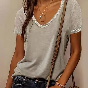 Основы простоты Живопись Блузки Короткие рукава V-образный вырез Футболки Повседневные XS розовый