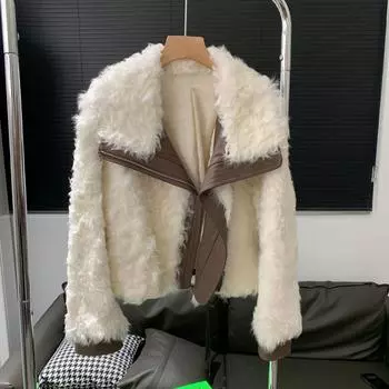 ~ Особые преимущества Мех Натуральный Шерсть Мериносовая Шерсть Интегрированный Мех Маленького Озера Овцы Женская Короткая Куртка One Size