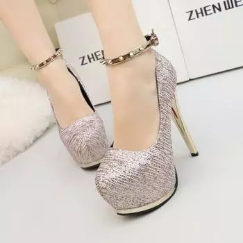 (Особый) Модные туфли с блестками, водонепроницаемый столик, тонкий каблук с заклепками, женские туфли на очень высоком каблуке 34 чёрный