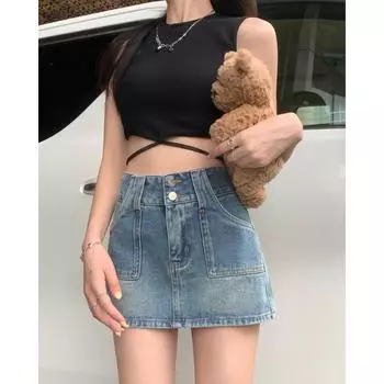 Острая девчонка выстиранный ретро деним А-силуэта миди юбка-шорты: С высокой талией, Для миниатюрных, Облегающее, Летний стиль Large джинсовый/синий