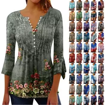(Острая курица)Рубашки на пуговицах для женщин, туника с принтом, летние топы, нарядные повседневные весенние блузки с рукавом 3/4 и v-образным вырезом L синий