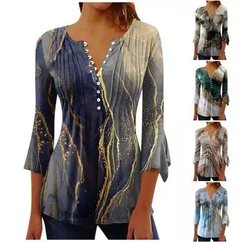 (Острая курица)Рубашки на пуговицах для женщин, туника с принтом, летние топы, нарядные повседневные весенние блузки с рукавом 3/4 и v-образным вырезом L синий
