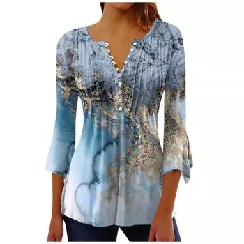 (Острая курица)Рубашки на пуговицах для женщин, туника с принтом, летние топы, нарядные повседневные весенние блузки с рукавом 3/4 и v-образным вырезом XL синий
