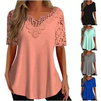 (Острая курица)Женская мода с v-образным вырезом, кружевная футболка с коротким рукавом, модный пуловер в рубчик XXL чёрный