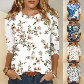 (Острая курица)Женская новая модная футболка с круглым вырезом и рукавами 3/4 с цветочным принтом, тонкий топ, повседневные топы L синий