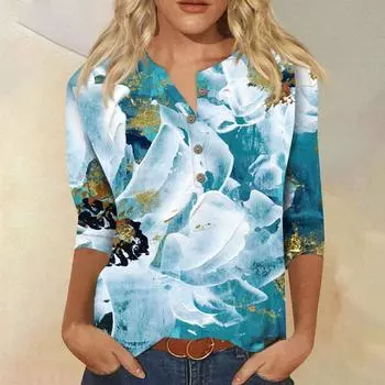 (Острая курица)Женская новая модная футболка с воротником на пуговицах и рукавами 3/4 с ретро-принтом, тонкий топ, повседневные топы S розовый