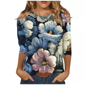 (Острая курица)Женская новая модная футболка с круглым вырезом и рукавами 3/4 с цветочным принтом, тонкий топ, повседневные топы S темно-синий