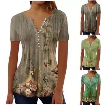 (Острая курица)Женская рубашка, блузка, пуговицы, ретро-принт, короткий рукав, повседневный базовый топ с круглым вырезом, обычный топ L