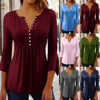 (Острая курица)Женские рубашки с рукавами 3/4 лепестка, футболки, блузки, повседневные базовые топы, плиссированный пуловер на пуговицах L армия зеленый