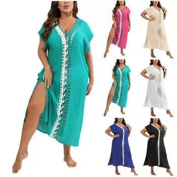 (Острая курица)Женское модное пляжное платье контрастного цвета с разрезом на воротнике и крючком для отпуска One Size горячий розовый