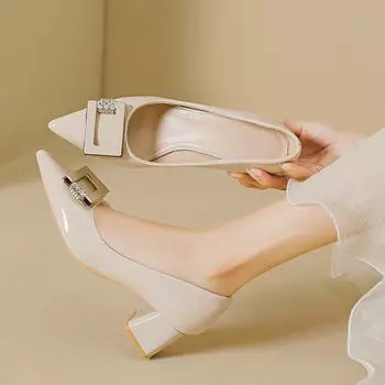 Остроконечные лакированные туфли на высоком каблуке для деловых поездок, кожаные туфли с коротким носком, туфли на среднем толстом каблуке из натуральной кожи для женщин 34 чёрный