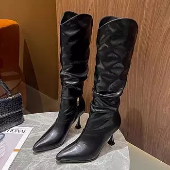 Остроконечные плиссированные высокие сапоги-бочонки для женщин на осень Модные тонкие каблуки StackedBoots Высокие каблуки ниже колена Длинные сапоги-бочонки 35