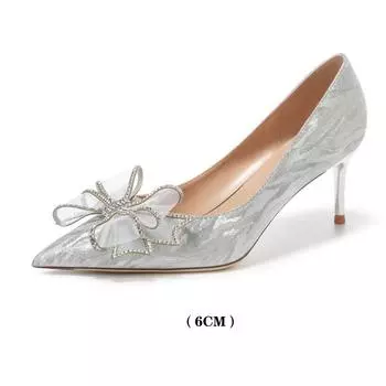 Остроконечные серебряные туфли на высоком каблуке, свадебные туфли, женские туфли на тонком каблуке, туфли на одинарной подошве с бантиком. 34