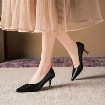 Остроконечные тонкие каблуки, одинарные туфли для женщин, кожаные туфли с неглубоким носком, модные женские туфли 34 чёрный