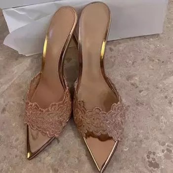 Остроконечные туфли для банкета на высоком каблуке, женские, лето 2025, новые вышитые туфли на шпильке, цвета шампанского, золотистые, на высоком каблуке, классные тапочки 35 шампанского