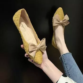 Остроконечные туфли женские весна 2025 новые универсальные интернет-знаменитости плоские банты одна педаль фея нежные бобовые туфли 35 чёрный