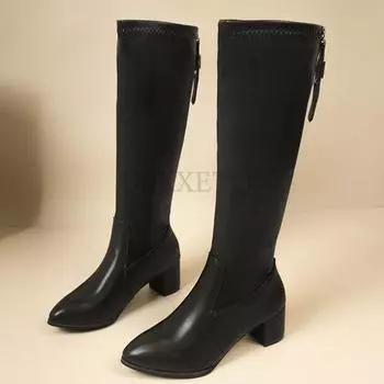 Остроконечные высокие каблуки женские длинные сапоги длиной до колена толстый каблук плюшевая изоляция удобная подкладка облегающие длинные рыцарские сапоги 35