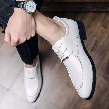 Остроносые белые туфли-оксфорды с мягкой подошвой, удобные официальные свадебные туфли для шафера из кожи, модные туфли-лоферы в британском стиле на низком каблуке 38 чёрный