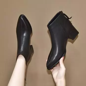 Остроносые короткие ботинки женские первый слой овчина задняя молния толстый каблук ботильоны темпераментные модные ботинки 34