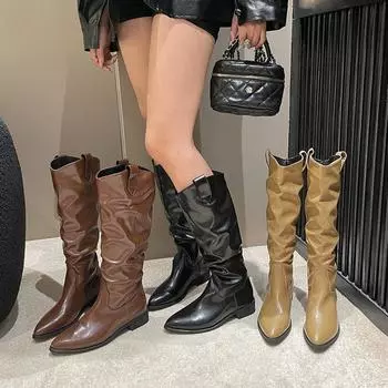 Остроносые ковбойские сапоги в западном стиле, плиссированные ворсистые сапоги, женские сапоги, летние и осенние, новые британские сапоги на толстом каблуке, высокие сапоги 35 чёрный