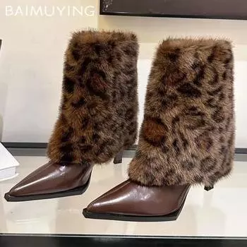 Остроносые меховые женские ботильоны на шпильках, высокие каблуки, сексуальные кожаные туфли для женщин, тренд 2025 года, зимние сексуальные панк-ботинки «челси» для женщин 35 коричневый