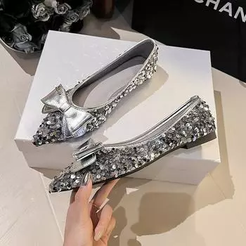 Остроносые одинарные туфли женские 2024 весна новые туфли на мягкой подошве с бантом и пайетками мелкий вырез плоская подошва 34 чёрный