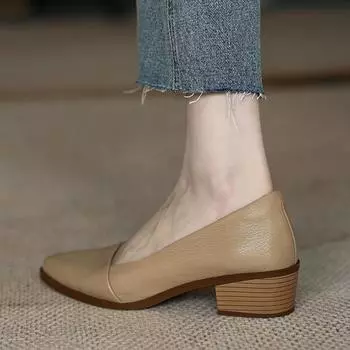 Остроносые одинарные туфли женские 2025 года, новые толстые каблуки, мягкие, легкие, среднего размера, абрикосовые, женские туфли на высоком каблуке 35