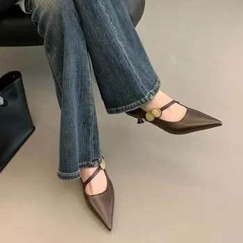 Остроносые одинарные туфли женские 2025 новая весна туфли Doudou неглубокий носок женские туфли Mary Jane красные туфли на шпильках высокие каблуки 35 чёрный